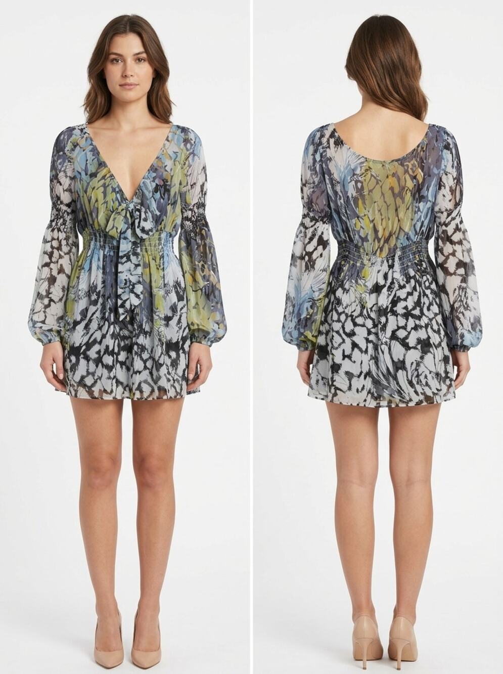 MKM Designs Abstract Smocked Balloon Sleeve Mini Dress Women Size L